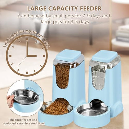 Portable Automatic Cat Feeder and Water Dispenser with Stainless Steel Bowl Dog Gravity Food Feeder and Waterer for Small Medium Pets Puppy Kitten 1 Gallon x 2 (Light Blue（3.8L*2）) - color: Light Blue（3.8L*2）