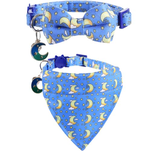 Lamphyface Cat Collar Breakaway with Cute Bow Tie Bandana and Bell Moon Accessories for Kitty Adjustable Safety - color: moon