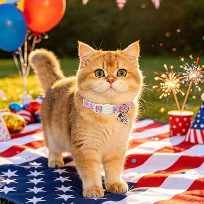 2 Pack 4th of July Cat Collars - Blue Retro Checkerboard Flag 1776 & Pink Patriotic Breakaway Cat Collars, Adjustable Soft Boy Girl Kitten Collar for Small Dogs Puppy with Bell & Pendant - color: Pink Patriotic