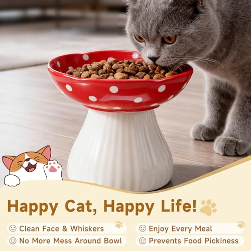 Mushroom Cat Bowl,Whisker Fatigue Cat Bowl,Cute Cat Bowls,Elevated Cat Food Bowl, Lead & Cadmium Free Ceramic Cat Bowls for Food and Water.(Black) - color: Black