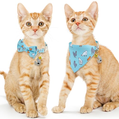 Faygarsle 2 Pack Chicken Pattern Cat Collar Set with Bandana and Bowtie, Light Blue, Breakaway Safety Clasp with Bell - color: Blue Chicken
