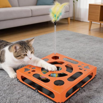 2026 New Metal Cat Scratch Puzzle Enrichment Box,cat Puzzle, 1 Spring-Loaded Colorful Feather Stick with a Bell,No Assembly Required, All Cats Indoor Play Toy - color: Hermès Orange