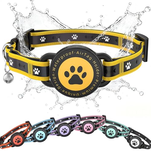 Airtag Cat Collar Breakaway, Reflective Cat Collar with AirTag Holder and Bell, Compatible with Apple Air Tag, Comfortable Padding, Adjustable, Durable (Yellow, S) - color: Yellow, size: S(9.3"-13")