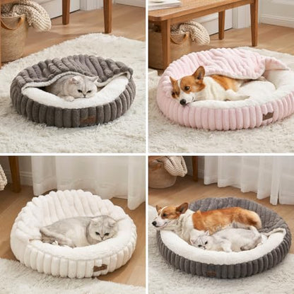 Cat Bed with Hooded Blanket, Round Fluffy Anti-Anxiety Pet Bed for Cats/Toy Breed Dogs, Cozy Donut Cuddler with Machine Washable Faux Fur & Anti-Slip Bottom(20"×20"×6",Grey) - color: Grey, size: 20"×20"×6"
