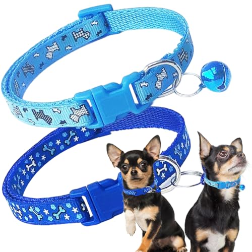 Small Dog Collar with Bell, 2 Pack Male Puppy Collar with Bell, Nylon Cute Cat Collars Adjustable for XXS XS Little Small Boy Kitten Dogs, Blue - color: Blue