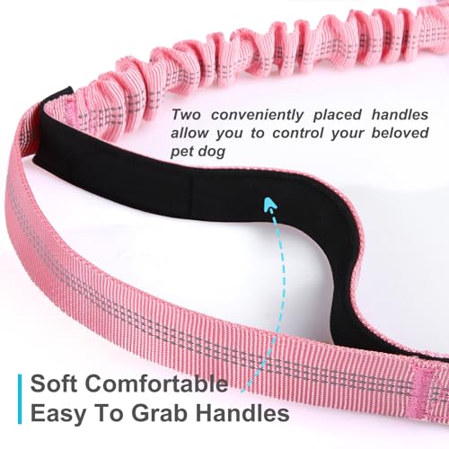 Laqibak Hands Free Dog Leash, Adjustable Waist Leash for Dog Walking, Dual Handle Bungee Dog 4.2-6.7 Feet Long with Reflective Stitches for Walking Hiking Running, Fits 26"- 43" Inch Waist, Pink - color: Pink