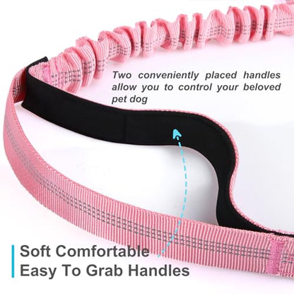 Laqibak Hands Free Dog Leash, Adjustable Waist Leash for Dog Walking, Dual Handle Bungee Dog 4.2-6.7 Feet Long with Reflective Stitches for Walking Hiking Running, Fits 26"- 43" Inch Waist, Pink - color: Pink