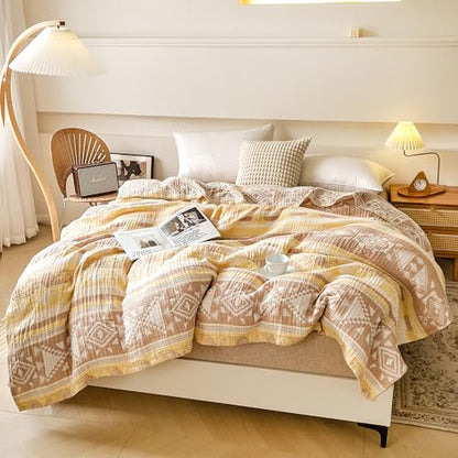 MEJU Yellow Boho Indian Retro Southwest Muslin All Season Blanket for Bed Sofa Couch 100% Combed Cotton 3 Layer Soft Cozy Reversible Quilt Throw Blanket Bed Coverlet F/Q 80 in x 90 in - color: Boho Yellow, size: F/Q 80 in x 90 in