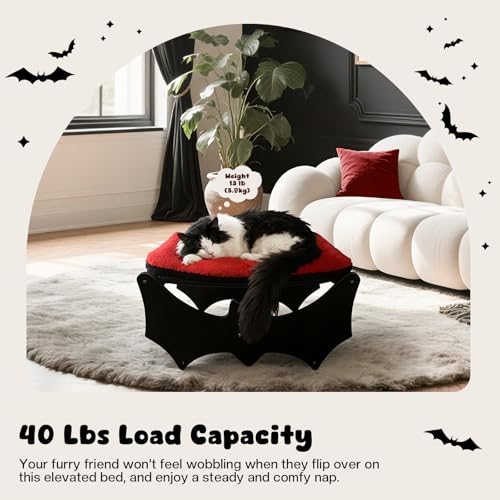 Gothic Cat Bed with Bat Design, Wooden Elevated Cat Beds with Sisal Scratching Mat, Cats Scratcher Bed with Removable Fluffy Cushion, Raised Pet Bed for Large Cats, 22" L x 17.7" W, Black - color: Gothic Black (Bat)