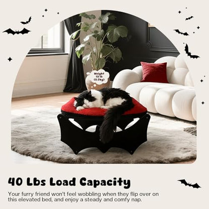 Gothic Cat Bed with Bat Design, Wooden Elevated Cat Beds with Sisal Scratching Mat, Cats Scratcher Bed with Removable Fluffy Cushion, Raised Pet Bed for Large Cats, 22" L x 17.7" W, Black - color: Gothic Black (Bat)