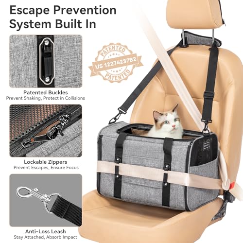 PETSFIT Soft-Sided Cat Carrier with Patented Safety Buckles, Lockable Zippers & Safety Tether,Escape-Resistant Travel Pet Carrier for Car Rides & Vet Visits, Airline Approved Under-Seat, Up to 12 lbs - color: Gray, size: Medium