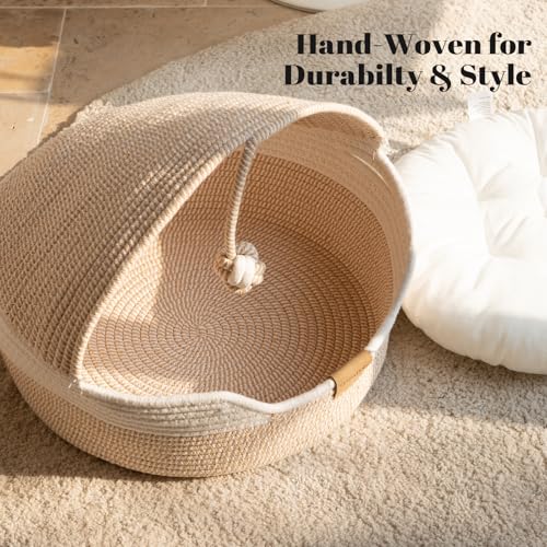 Cat Basket Bed with Washable Cushion and Ball Rope Cotton, Covered Pet Bed for Indoor Cats Cave Bed Hooded, Stimulicat Cat Bed Handwoven Breathable, All Season Universal(White) - color: White
