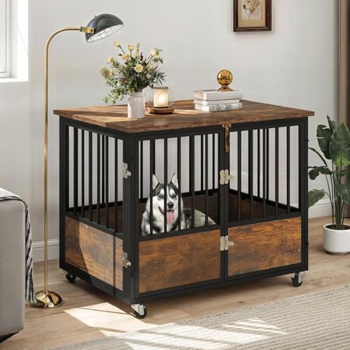DWVO Dog Crate Furniture with Wheels, 38 Inch Dog Kennel Indoor Furniture End Table Dog Crate for Dogs, Farmhouse Decorative Wooden Dog Cage Table with Double-Doors, Chew-Resistant, Rustic Brown - color: Rustic Brown, size: 37.8"L x 29.5"W x 23.6"H