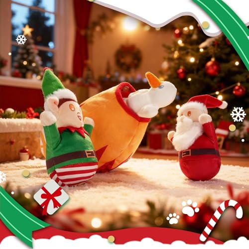 Nocciola Christmas Squeaky Dog Toys 4PCS, Interactive Hide and Seek Dog Toys Christmas Theme- Santa/Snowman/Elf in Cannon Toys Plush, Crinkle Dog Chew Toys for Large Medium Small Dogs - style: Christmas Cannon