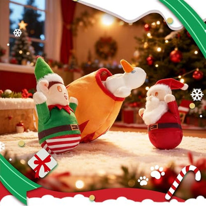 Nocciola Christmas Squeaky Dog Toys 4PCS, Interactive Hide and Seek Dog Toys Christmas Theme- Santa/Snowman/Elf in Cannon Toys Plush, Crinkle Dog Chew Toys for Large Medium Small Dogs - style: Christmas Cannon