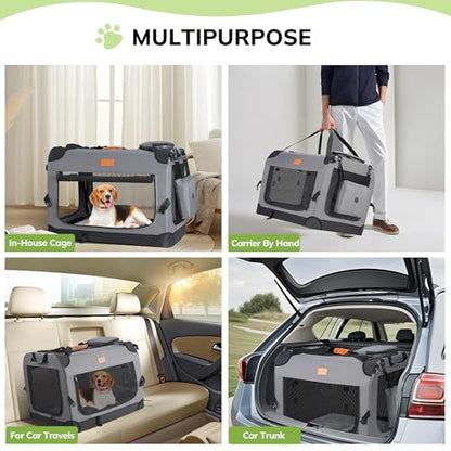 Morpilot 32-inch Portable Collapsible Dog Crate: Travel Dog Crate Soft-Sided for Medium Large Dogs up to 70lbs, with Foldable Bowl, Shoulder Strap & Storage Pockets, Grey - size: XL-31.9" × 22.8" × 22.8"