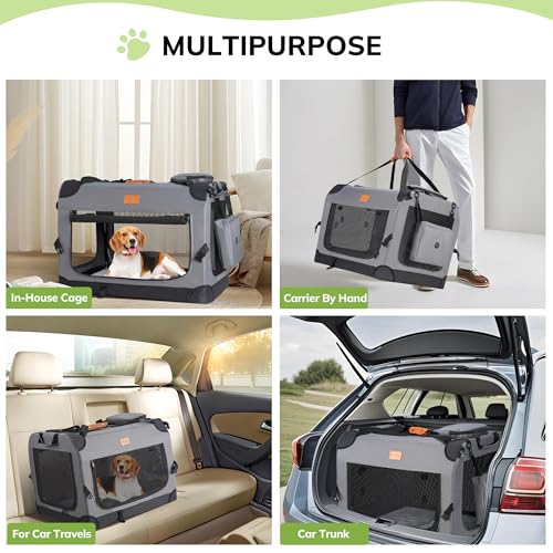 Morpilot 28-inch Portable Collapsible Dog Crate: Travel Dog Crate Soft-Sided for Small Medium Dogs up to 40lbs, with Foldable Bowl, Shoulder Strap & Storage Pockets, Grey - size: 27.6"L x 20.5"W x 20.5"H