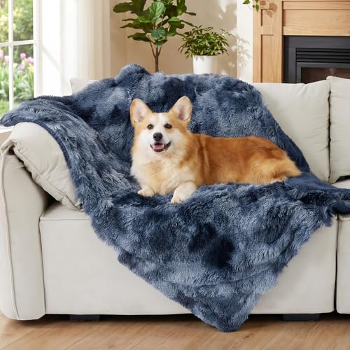 Bedsure Dog Blankets for Large Dogs, Fluffy Waterproof Dog Blanket for Couches Washable, Fuzzy Faux Fur Pet Throw Blankets for Medium Dogs, 40 x 50 inch, Tie-dye Navy - color: Tie-dye Navy, size: L(40x50")