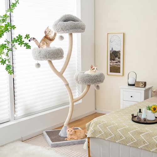 Tangkula Tall Cat Tree, 70 Inch Multi-Level Large Cat Tower with 3 Warm Perches, 3 Jingling Balls, Sisal Scratching Posts & Board, Modern Cat Tree for Indoor Cats Large Adult - color: Grey