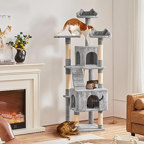 Yaheetech XL Cat Tree, 72in Multi-Level Cat Tower with 2 Cozy Caves, 3 Soft Perches, Scratching Posts, Board, and Dangling Ball, Pet Furniture Play House for Kittens/Cats, Light Gray - color: Light Gray