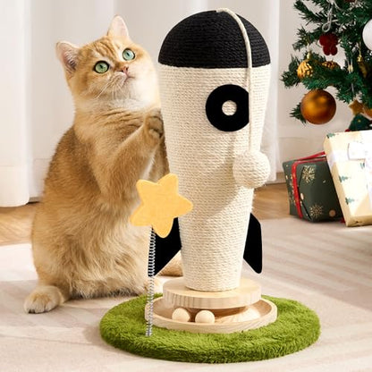 Cat Scratching Post, Rocket Cute Sisal Cat Scratcher with Durable Solid Wood Turntable Toy, Cat Scratch Post Red Cat Scratcher with Spinning Star Toy for Indoor Adult Cats - color: Black Rocket