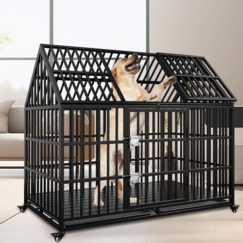 Heavy Duty Dog Crate 54 inch Dog Pet Kennel Cage for Extra Large Giant Dog with 2 Doors Lockable Wheels Removable Trays Top Access All Metal Durable