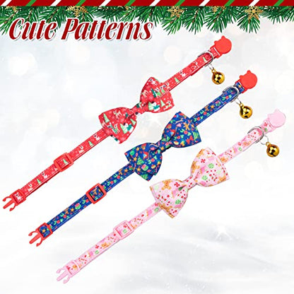Christmas Breakaway Cat Collar with Removable Bow Tie and Bell, Cute Xmas Patterns, 3 Pack Safety Buckle Kitten Collars, Adjustable Pet Collar - color: Style B - Christmas