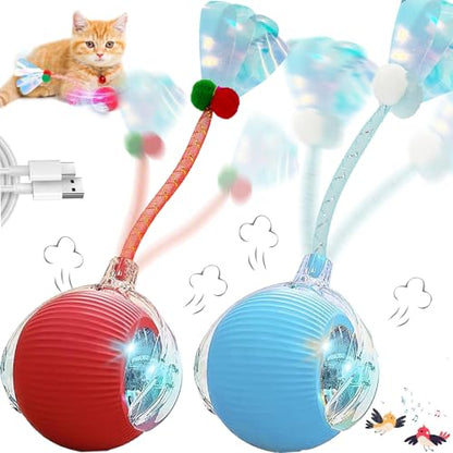 Speedy 2.0 Tail 2 Packs Interactive Cat Toys for Indoor Cats, Automatic Cat Toy with Elastic Mesh Tail, Electric Rolling Ball on Carpet, Chirping and Motion Activate Cat - color: 2 PC Red+Blue