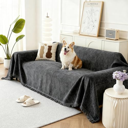 Couch Cover for Dogs, Boho Sofa Covers for 3 Cushion Couch, Chenille Sofa Slipcover for Pets Washable, L-Shape Sectional Couch Cover Soft Throw Blankets with Tassels(71x118,Charcoal Grey) - color: Charcoal Grey, size: 71*118 inch