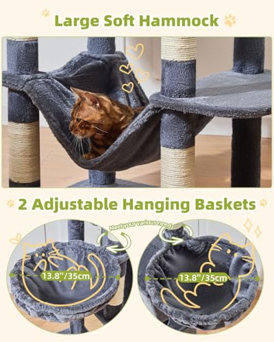 Taoqimiao Cat Tree Tower, 76-Inch Sturdy Cat Tree for Indoor Cats Large Adult Cat Tower with Scratching Posts，2 Condos, 2 Perches, 2 Large Hanging Baskets, Soft Hammock, MS046G Smoke Gray - color: Smoke Gray
