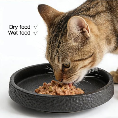 8 Inch Wide Ceramic Cat Bowl, Whisker Fatigue Relief Shallow Cat Food Bowl, Heavy Weight Non-Tip Pet Feeding Bowl, Matte Black Hammered Texture Cat Water Bowl for Cats & Small Dogs