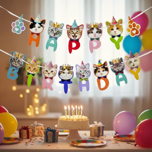 Cat Birthday Cake Topper & Paper Garland Banner Set – 12 Pc Kitten Cupcake Picks + 10ft Pennant, Reusable Indoor/Outdoor Party Decor for Cats & Kids (Banner Set) - size: Cat Birthday Banner Set