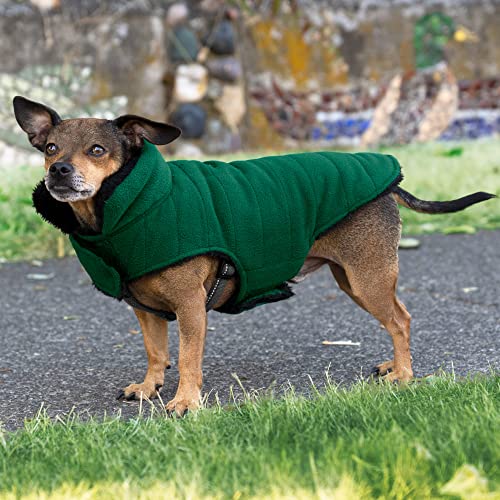 Furhaven Reversible XS Dog Coat, Washable & Insulating w/ Leash Access - Faux Fur & Quilted Fleece Flex-Fit Jacket - Black/Green, Extra Small - color: Black/Green, size: X-Small