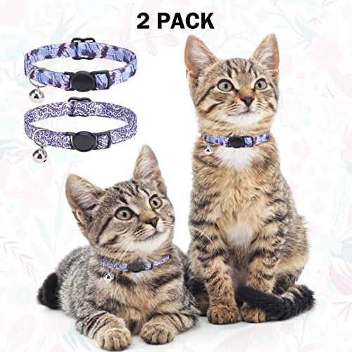 Breakaway Cat Collars for Girl Boy Cats, Spring Summer All Weather Cat Collar Personalized Pattern 2 Pack,Cute Classic Safety Buckles and Bells,Adjustable Printed Nylon Colorful Kitten Collar - color: Grazy Purple