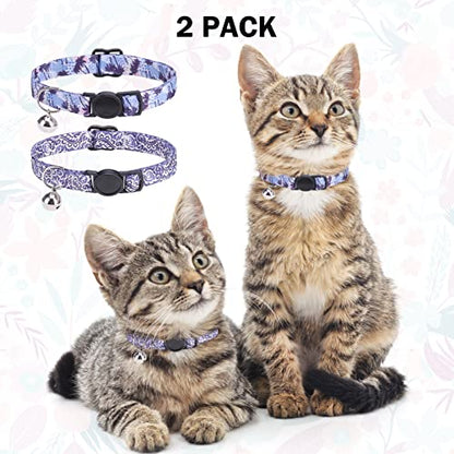 Breakaway Cat Collars for Girl Boy Cats, Spring Summer All Weather Cat Collar Personalized Pattern 2 Pack,Cute Classic Safety Buckles and Bells,Adjustable Printed Nylon Colorful Kitten Collar - color: Grazy Purple