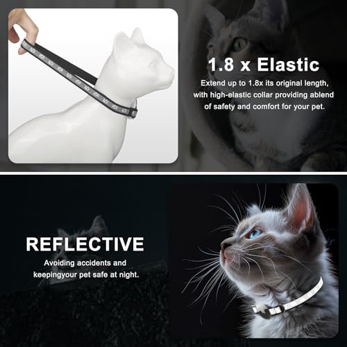Cat Collar Apple AirTag-Compatible - Cat Paw Print Design, Durable Elastic Band with Reflective Strips and Bell, Infinitely Adjustable Collar for Small to Medium Pets, Black.