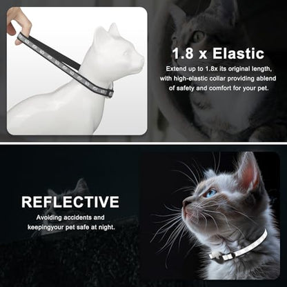 Cat Collar Apple AirTag-Compatible - Cat Paw Print Design, Durable Elastic Band with Reflective Strips and Bell, Infinitely Adjustable Collar for Small to Medium Pets, Black.