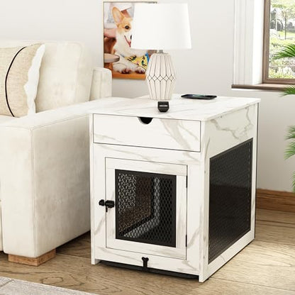 Dog Crate Furniture,Wooden Dog Crate End Table with Storage Drawer&Cushion&Tray, QC3.0 Wireless Charging,Dual USB,Small Dogs Marble White - color: Marble White, size: 25.0"L x 19.0"W x 24.0"H