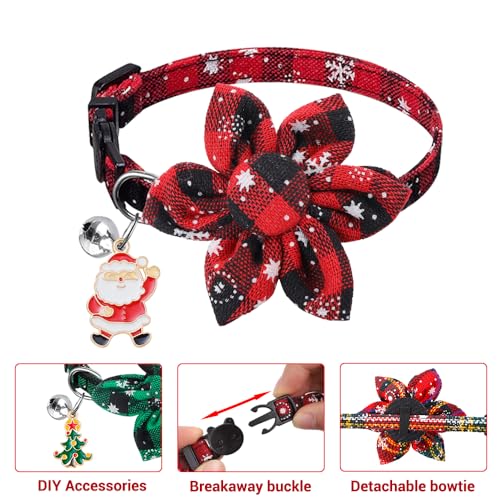 Vellibring 3 Pack Cat Collars, Christmas Flower Kitten Collars with Adjustable Breakaway Bow Tie Bell Plaid Snowflake Xmas Pet Supplies for Cats