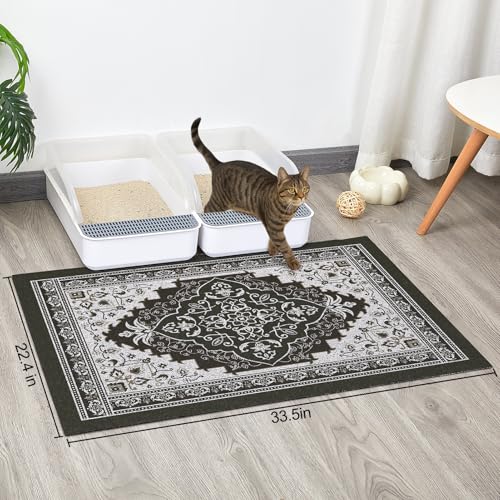 Glittme Cat Litter Mat with Non-Slip Bottom Litter Box Mat 33"X22" Litter Trapping Mat Easy to Clean Washable Cat Food Mat for Kitty,L - color: Black, size: 33"x22"
