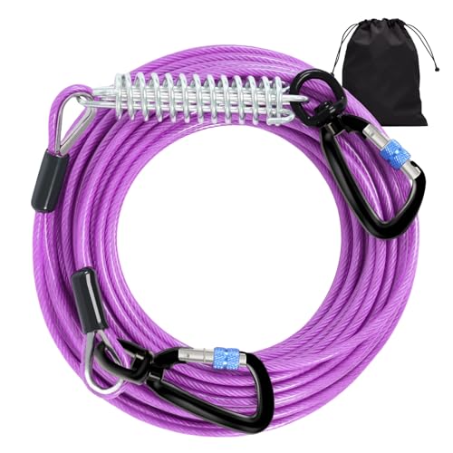 Dog Leads for Yard 50FT-1000LBS Break Strength,Heavy Duty Tie Out Cable for Dogs with Swivel Lockable Hook & Spring,Chew Proof Dog Chain for Outside,Dog Run Cable for Medium Large Dogs - color: Purple, size: 50FT
