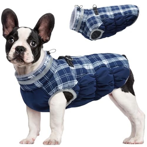 FUAMEY Dog Coat for Small Dogs,Waterproof Dog Winter Jacket with Harness Built in Puppy Cold Weather Coats Reflective Pet Vest with Zipper Warm Fleece Dogs Snowsuit Windproof Blue Plaid XS - color: Blue Plaid, size: XS(chest:14in)