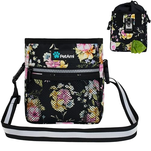 PetAmi Dog Treat Pouch, Pet Treat Pouch for Training, Dog Walking Bag Holder for Kibbles, Pet Food Toy, Dog Trainer Essentials Supplies, Poop Bag Dispenser, 3 Ways to Wear (Floral Black) - color: Floral Black