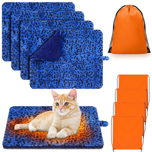 Riakrum 4 Pack Self Warming Cat Bed Mats Leopard Print Cat Dog Thermal Blanket Double Sided Self Heating Pet Pad with Storage Bags for Pet Winter Outdoor Indoor Supplies, Non Electric(Small) - size: Small