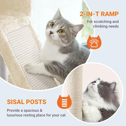 Allewie 81 Inches Tall Cat Tree/Multi-Level Large Climbing Tree House and Towers for Big Feline/Condo and Hammock/Scratching Post/Wide Base/Beige - color: Beige