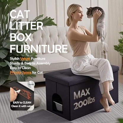 Cat Litter Box Enclosure Furniture Hidden Extra Large, Lift Design Lid Velvet Cat Washroom Bench Storage Cabinet | 35.4x19.7x19.7 in | Dog Proof|Urine Proof Inside|Quick Assembly| Easy Clean - color: Black, size: XL 35.4'' x W19.7'' x H19.7''