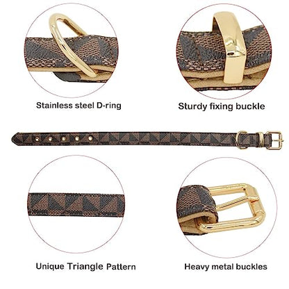 Leather Dog Collar and Leash Set, Check Pattern Dog Collar Leashes Metal Buckle Adjustable Durable for Small Medium Large Dogs (Brown, M(11.8-15IN)) - color: Brown, size: M(11.8-15IN)