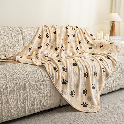 Dog Blanket Paw Bone Pattern 1 Pack 1 Super Soft Warm Flannel Sofa Cover Car Bed Protector, Urine Proof Washable Outdoor Pet Blanket for Puppy Large Dogs & Cats,80"*60" Beige - color: Beige|paw Bone, size: 80*60 inch (Pack of 1)