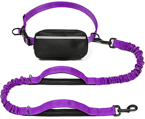 iYoShop Hands Free Dog Leash with Zipper Pouch, Dual Padded Handles and Durable Bungee for Walking, Jogging and Running Your Dog (Large, 25-120 lbs, Purple) - color: Purple, size: Large