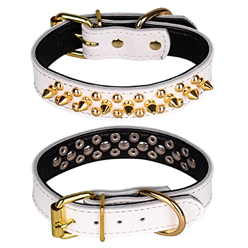 Spiked Studded Dog Collar, Genuine Leather Dog Collar, Adjustable Pet Collars for Small or Medium Pet (S, White) - color: White, size: S